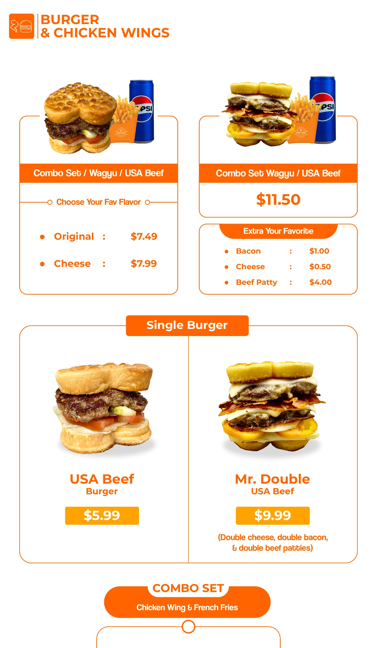 Poly Pizza menu — USA beef burgers and combo sets