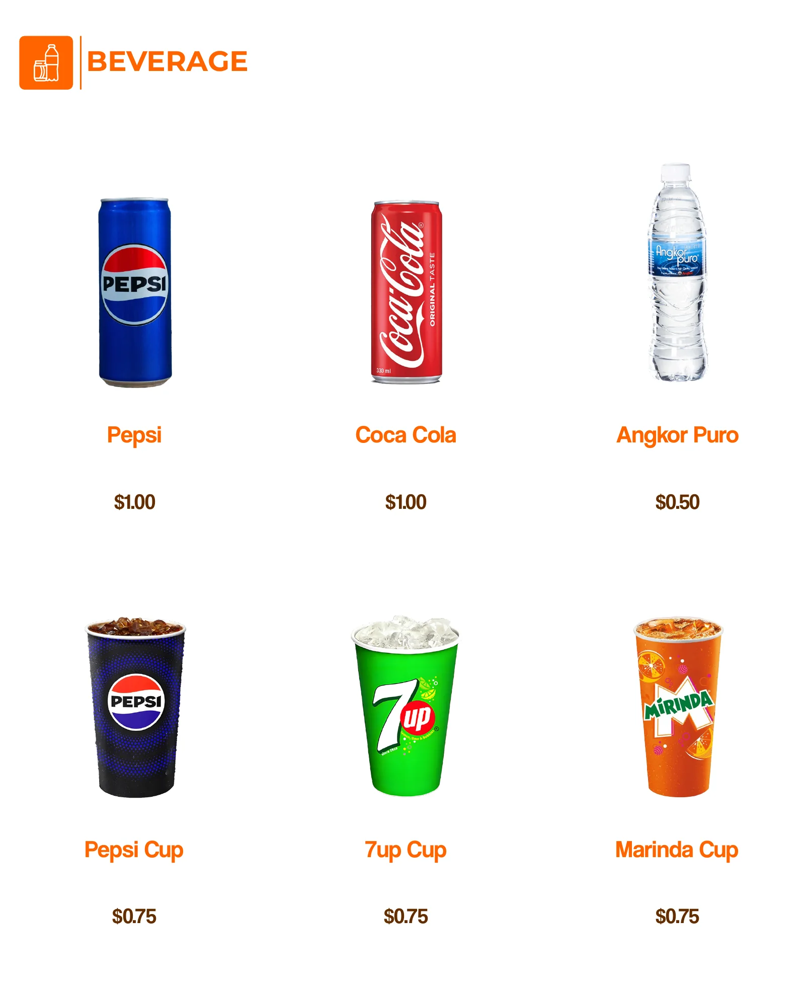 Poly Pizza coffee menu — bottled drinks and cup prices