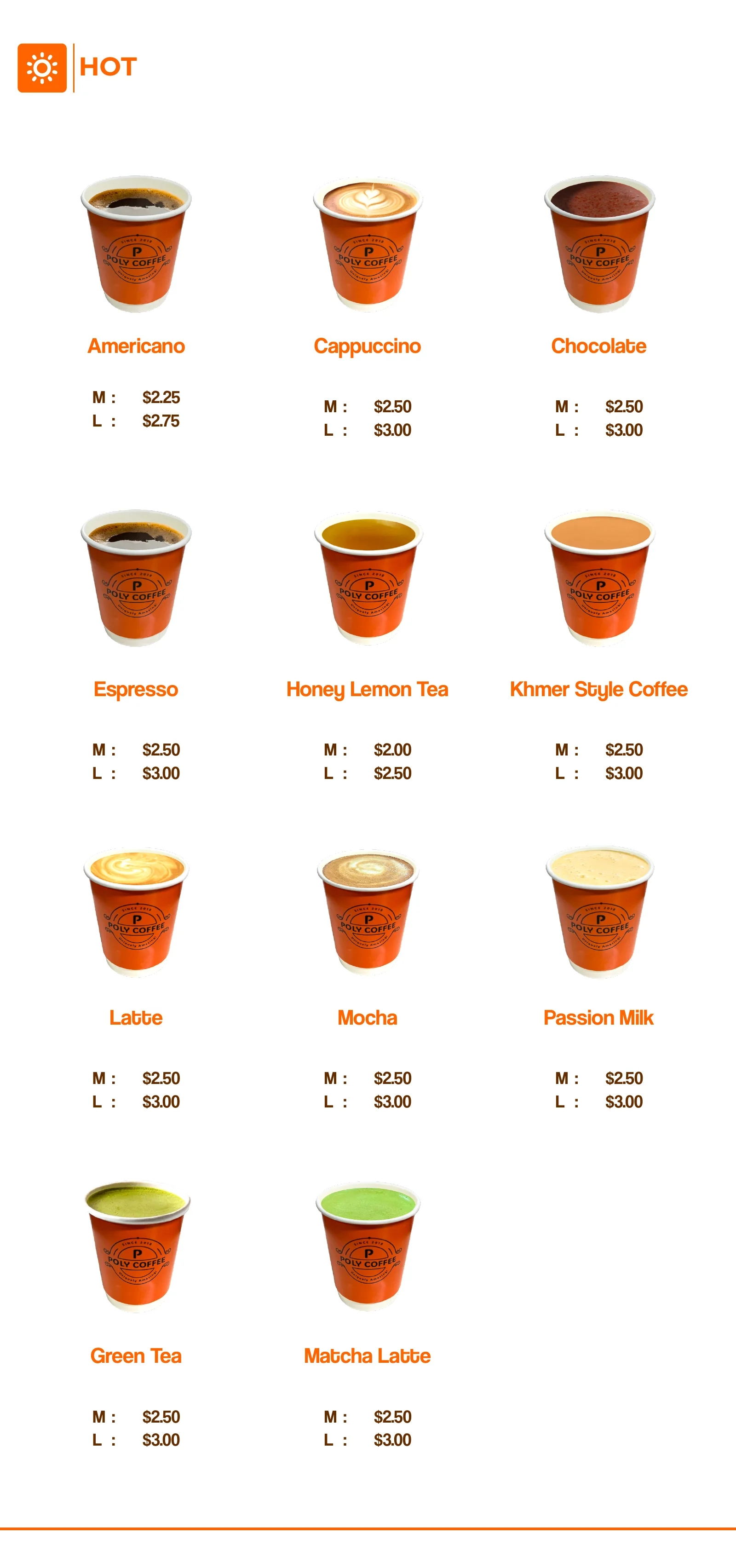 Poly Pizza coffee menu — hot coffee and tea prices