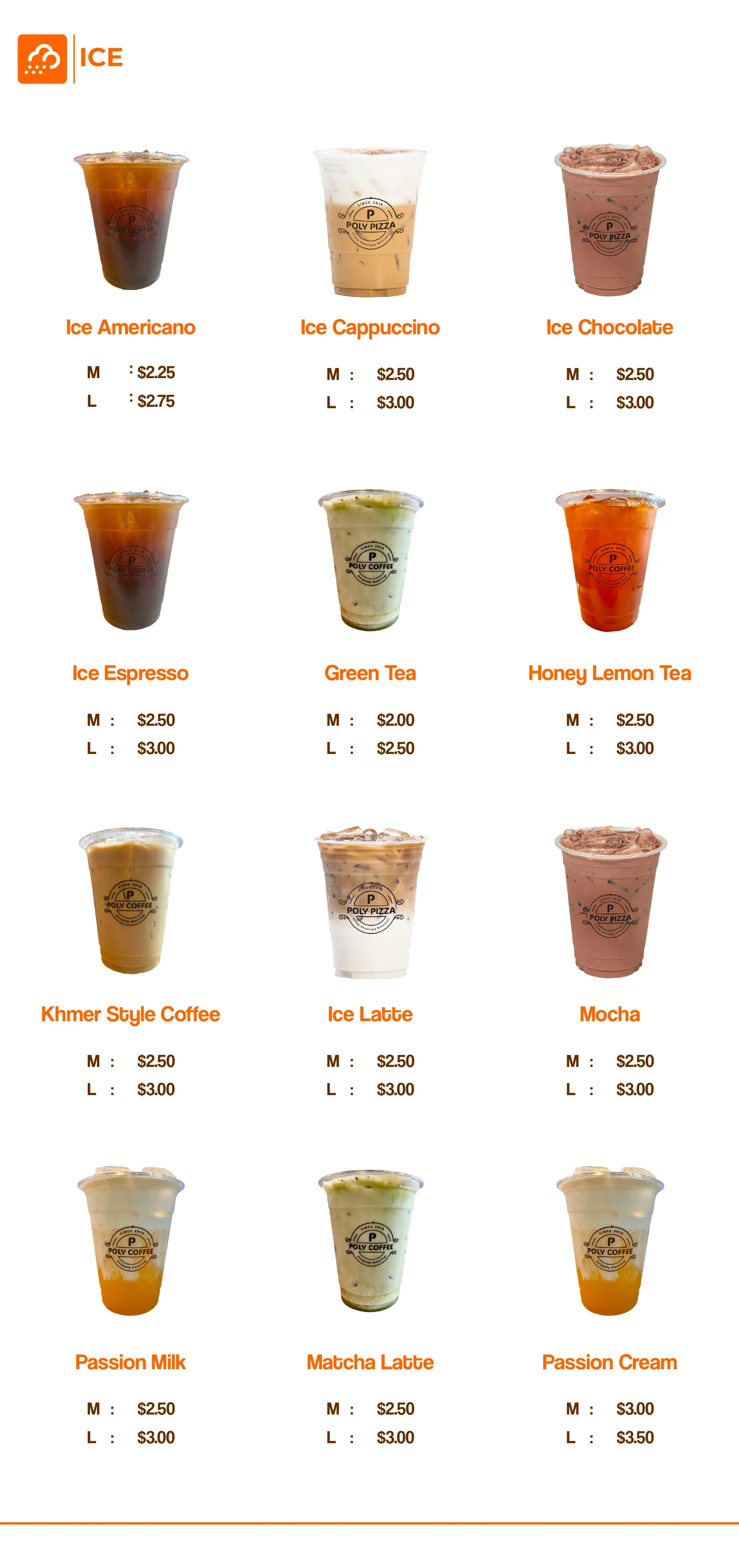 Poly Pizza coffee menu — iced coffee and tea prices
