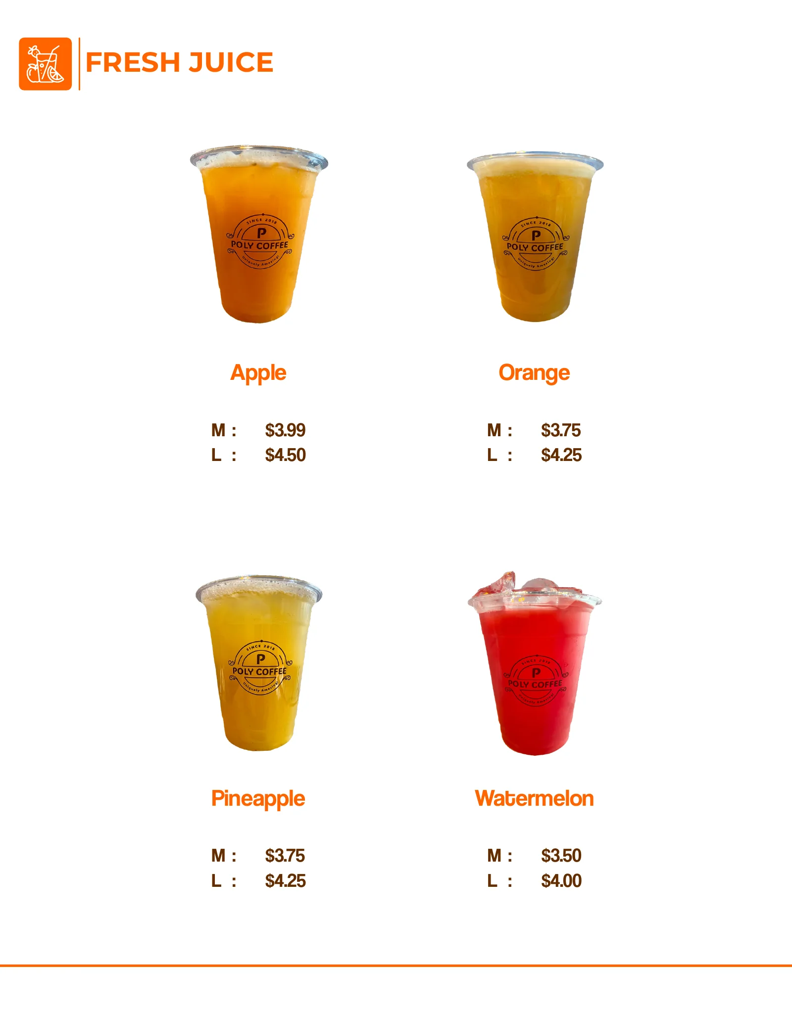 Poly Pizza coffee menu — fresh fruit juices and prices