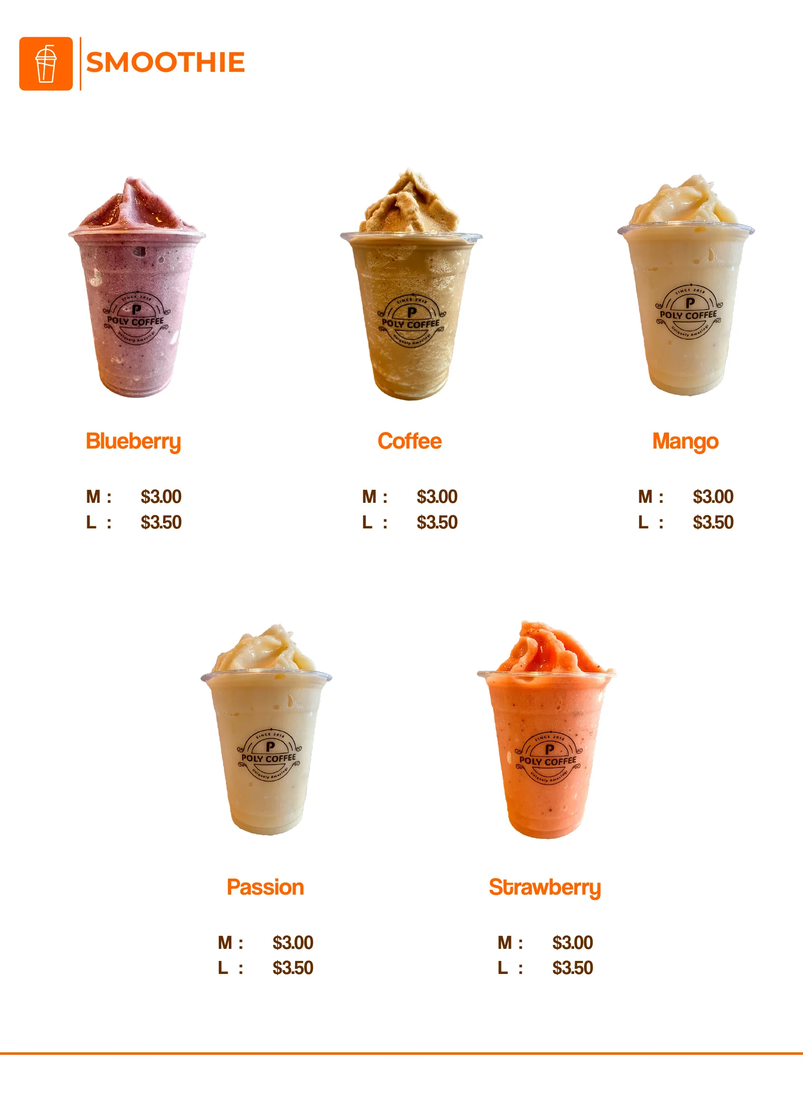 Poly Pizza coffee menu — smoothies and prices