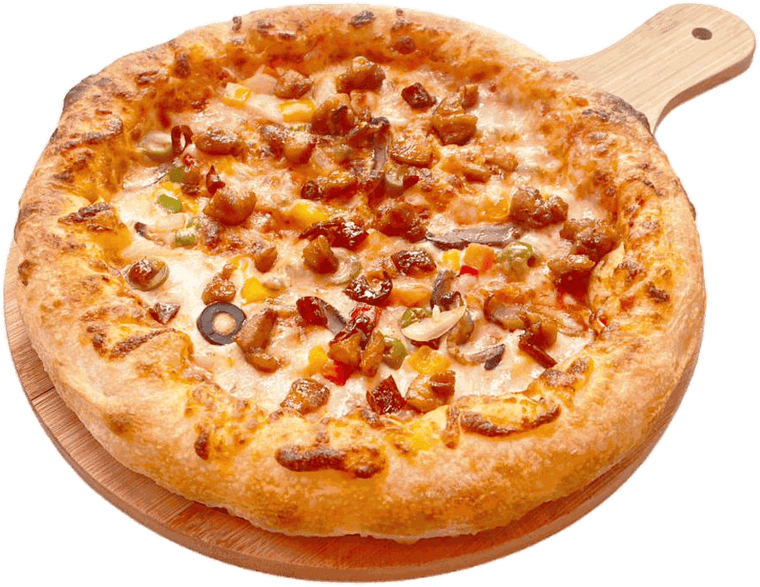 Grilled chicken pizza with peppers, corn and olives at Poly Pizza